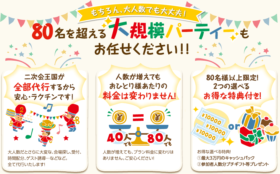 80人以上の大規模パーティーもおまかせ下さい！